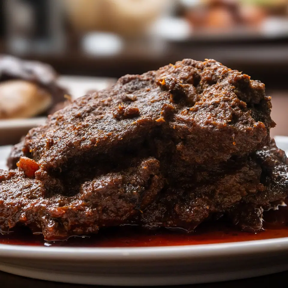 Sepotong rendang sapi gelap di atas piring putih